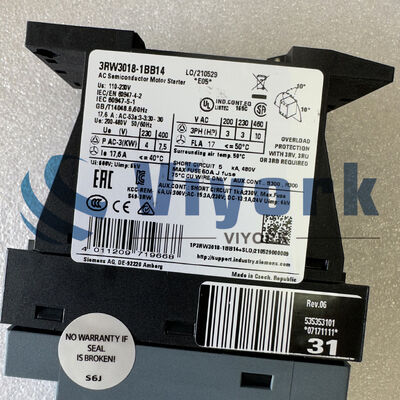 Siemens 3RW3018-1BB14 SOFT STARTER 24V AC/DC 200-480VAC 17.6AMP 7.5KW/400V NEW